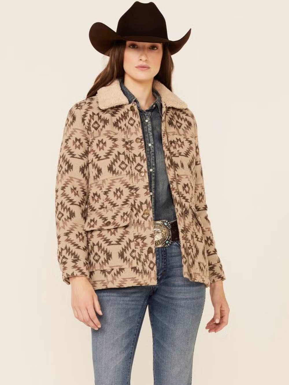 Shyanne Women’s Brown Southwestern Blanket print snap front barn coat